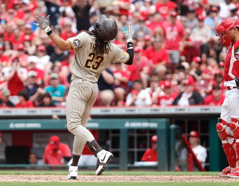 Jul 2, 2023; Cincinnati, Ohio, USA; San Diego Padres right fielder Fernando Tatis Jr. (23) reacts after hitting a solo home run against the Cincinnati Reds during the eighth inning at Great American Ball Park. Mandatory Credit: David Kohl-USA TODAY Sports