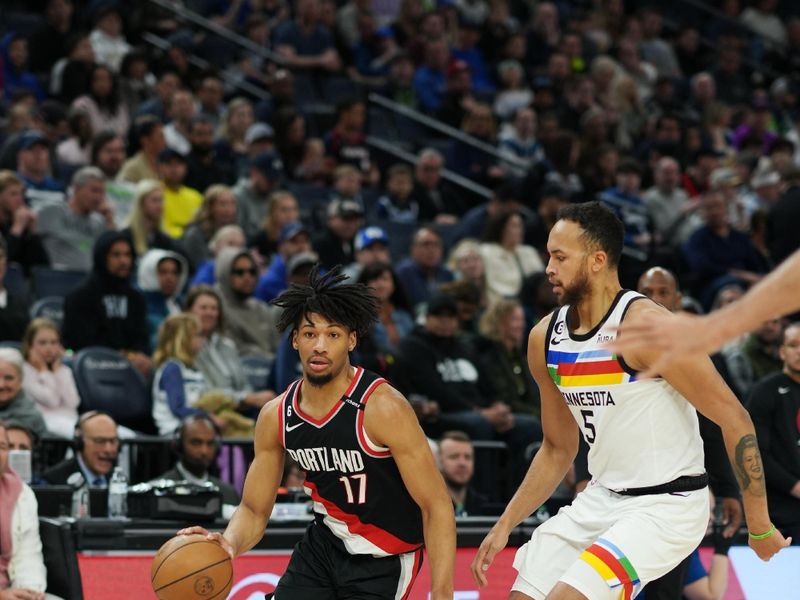 MINNEAPOLIS, MN -  APRIL 2: Shaedon Sharpe #17 of the Portland Trail Blazers drives to the basket during the game against the Minnesota Timberwolves on April 2, 2023 at Target Center in Minneapolis, Minnesota. NOTE TO USER: User expressly acknowledges and agrees that, by downloading and or using this Photograph, user is consenting to the terms and conditions of the Getty Images License Agreement. Mandatory Copyright Notice: Copyright 2023 NBAE (Photo by Jordan Johnson/NBAE via Getty Images)