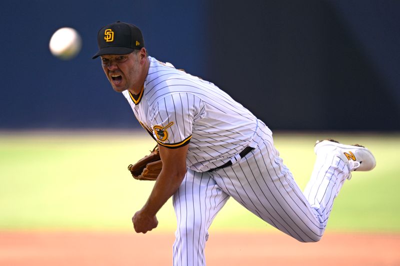 Sep 4, 2023; San Diego, California, USA; San Diego Padres starting pitcher Rich Hill (41) throws a pitch against the Philadelphia Phillies during the first inning at Petco Park. Mandatory Credit: Orlando Ramirez-USA TODAY Sports