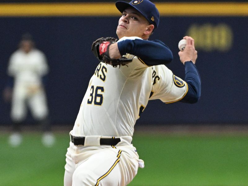 Apr 28, 2024; Milwaukee, Wisconsin, USA; Milwaukee Brewers pitcher Tobias Myers (36) delivers a pitch against the New York Yankees in the first inning at American Family Field. Mandatory Credit: Michael McLoone-USA TODAY Sports