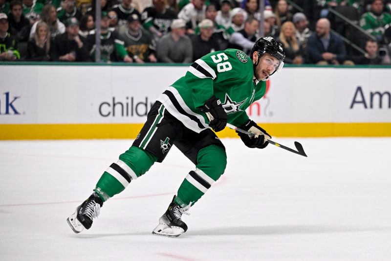 Mar 10, 2026; Dallas, Texas, USA; Dallas Stars left wing Michael Bunting (58) skates against the Vegas Golden Knights during the second period at the American Airlines Center. Mandatory Credit: Jerome Miron-Imagn Images