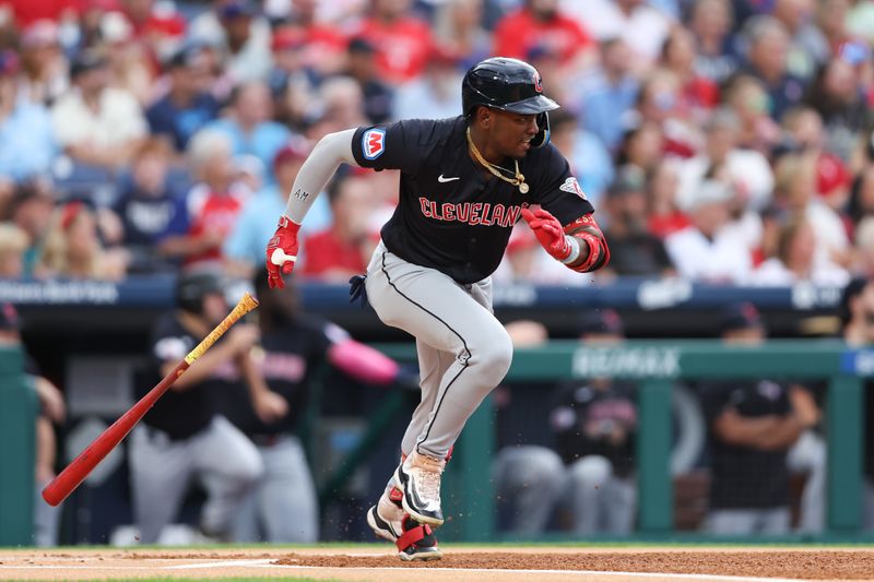 Jul 26, 2024; Philadelphia, Pennsylvania, USA; Cleveland Guardians third base Angel Martínez (1) hits a single during the first inning against the Philadelphia Phillies at Citizens Bank Park. Mandatory Credit: Bill Streicher-USA TODAY Sports