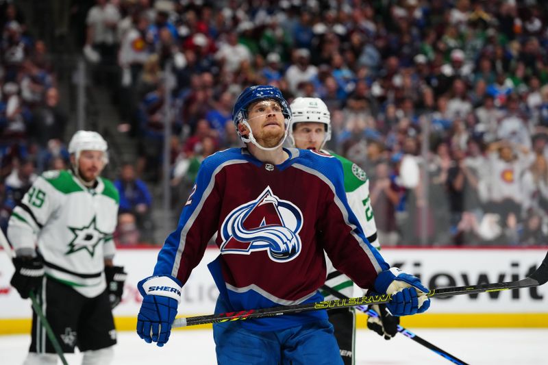 May 17, 2024; Denver, Colorado, USA; Colorado Avalanche left wing Artturi Lehkonen (62) reacts after a missed shot on goal in an overtime period against the Dallas Stars in game six of the second round of the 2024 Stanley Cup Playoffs at Ball Arena. Mandatory Credit: Ron Chenoy-USA TODAY Sports