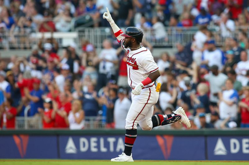 Jun 27, 2023; Atlanta, Georgia, USA; Atlanta Braves center fielder Michael Harris II (23) celebrates after a home run against the Minnesota Twins in the second inning at Truist Park. Mandatory Credit: Brett Davis-USA TODAY Sports