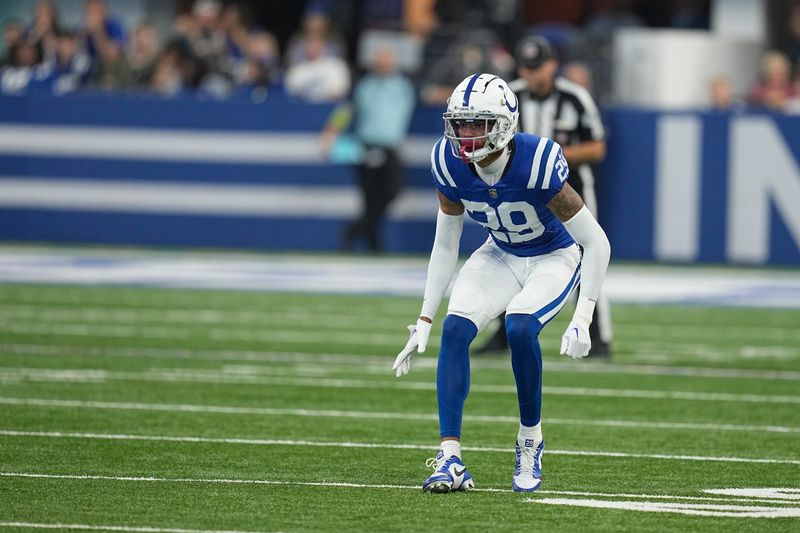 Indianapolis Colts' JuJu Brents in action during an NFL football game against the Los Angeles Rams, Sunday, Oct. 1, 2023, in Indianapolis. (AP Photo/Darron Cummings)