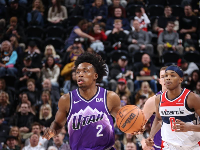 SALT LAKE CITY, UT - MARCH 4:  Colin Sexton #2 of the Utah Jazz handles the ball during the game against the Washington Wizards on March 4, 2024 at vivint.SmartHome Arena in Salt Lake City, Utah. NOTE TO USER: User expressly acknowledges and agrees that, by downloading and or using this Photograph, User is consenting to the terms and conditions of the Getty Images License Agreement. Mandatory Copyright Notice: Copyright 2024 NBAE (Photo by Melissa Majchrzak/NBAE via Getty Images)