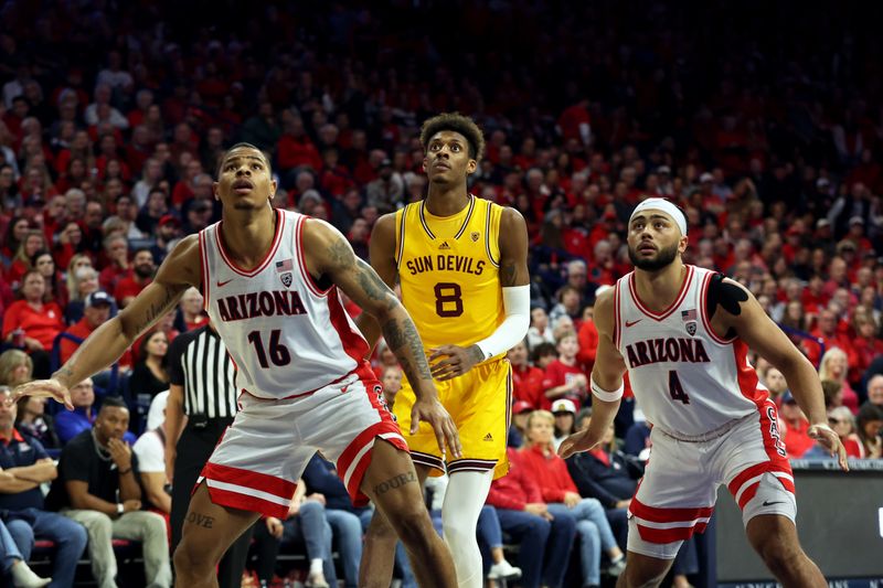 Feb 17, 2024; Tucson, Arizona, USA; Arizona Wildcats forward Keshad Johnson (16) and guard Kylan Boswell (4) go for a rebound against Arizona State Sun Devils forward Alonzo Gaffney (8) during the first half at McKale Center. Mandatory Credit: Zachary BonDurant-USA TODAY Sports