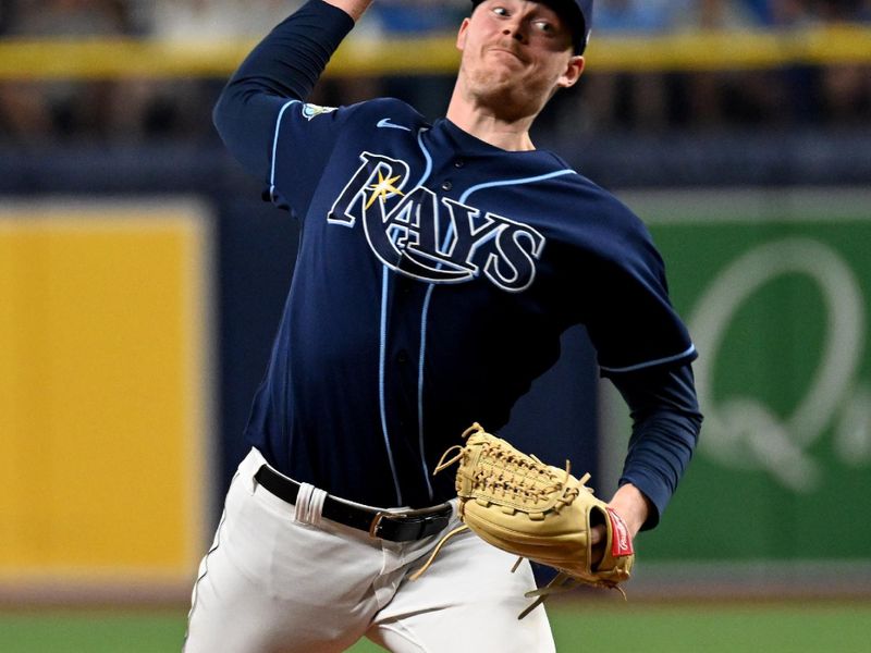 Aug 26, 2023; St. Petersburg, Florida, USA; Tampa Bay Rays pitcher Pete Fairbanks (29) throws a pitch in the ninth inning against the New York Yankees at Tropicana Field. Mandatory Credit: Jonathan Dyer-USA TODAY Sports