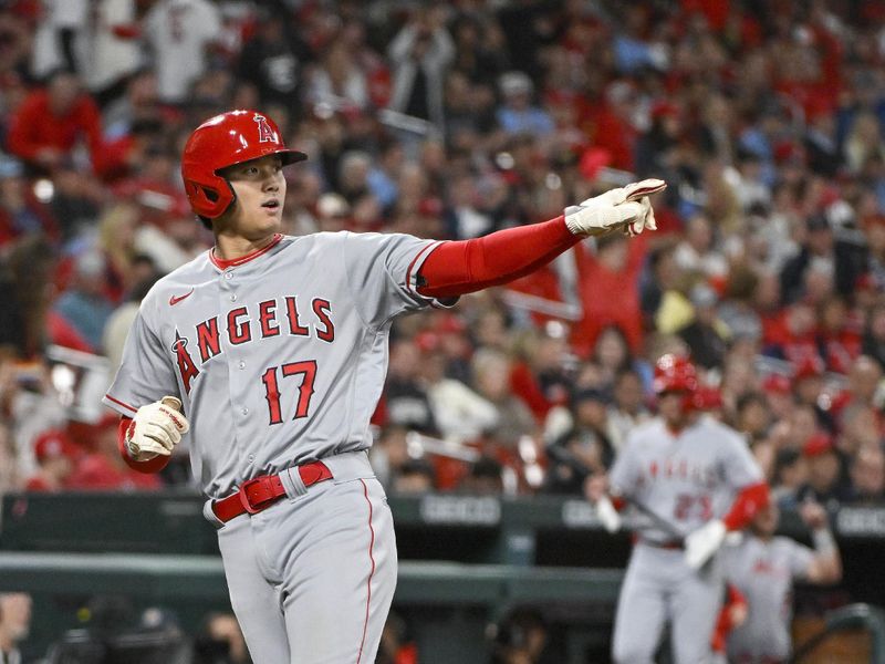 May 3, 2023; St. Louis, Missouri, USA;  Los Angeles Angels starting pitcher Shohei Ohtani (17) reacts after scoring against the St. Louis Cardinals during the ninth inning at Busch Stadium. Mandatory Credit: Jeff Curry-USA TODAY Sports