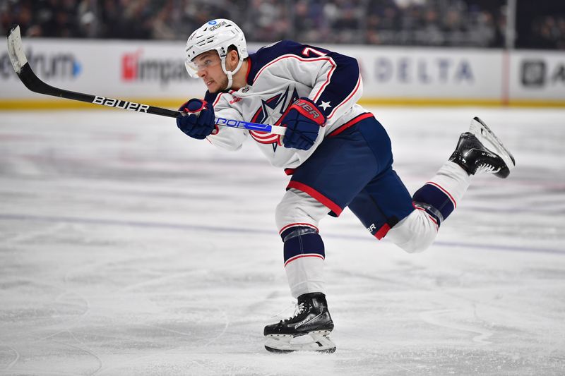 Mar 16, 2023; Los Angeles, California, USA; Columbus Blue Jackets center Sean Kuraly (7) shoots on goal againt the Los Angeles Kings during the first period at Crypto.com Arena. Mandatory Credit: Gary A. Vasquez-USA TODAY Sports