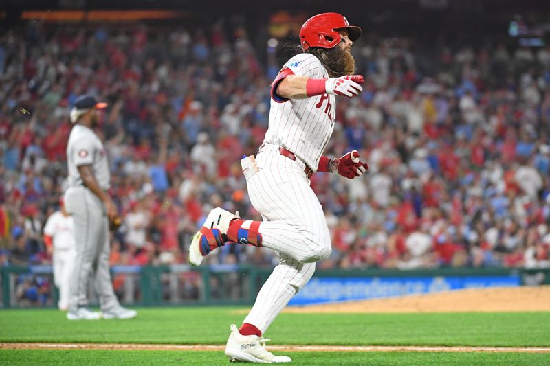 Aug 26, 2024; Philadelphia, Pennsylvania, USA; Philadelphia Phillies outfielder Brandon Marsh (16) reacts after hitting a home run against Houston Astros pitcher Ronel Blanco (56) during the fifth inning at Citizens Bank Park. Mandatory Credit: Eric Hartline-USA TODAY Sports