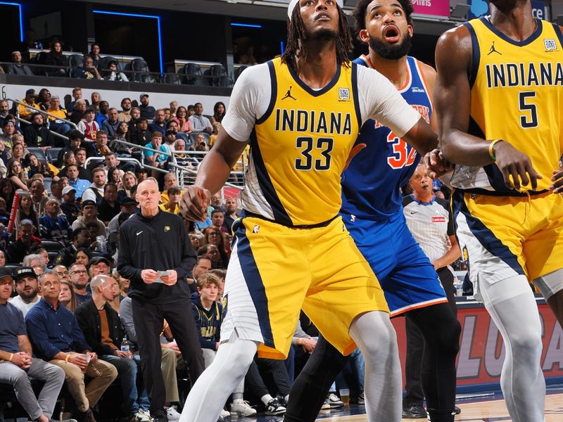 INDIANAPOLIS, IN - NOVEMBER 10:  Myles Turner #33 of the Indiana Pacers boxes out during the game against the New York Knicks during a regular season game on November 10, 2024 at Gainbridge Fieldhouse in Indianapolis, Indiana. NOTE TO USER: User expressly acknowledges and agrees that, by downloading and or using this Photograph, user is consenting to the terms and conditions of the Getty Images License Agreement. Mandatory Copyright Notice: Copyright 2024 NBAE (Photo by Ron Hoskins/NBAE via Getty Images)