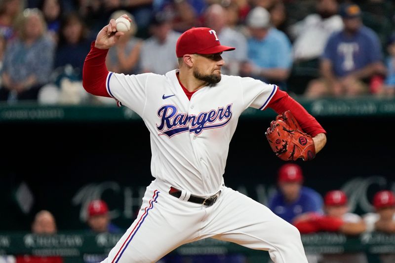 May 17, 2023; Arlington, Texas, USA; Texas Rangers starting pitcher Nathan Eovaldi (17) throws during the first inning against the Atlanta Braves at Globe Life Field. Mandatory Credit: Raymond Carlin III-USA TODAY Sports