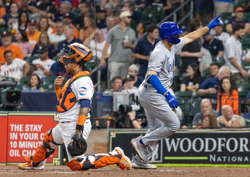 May 16, 2023; Houston, Texas, USA;  Chicago Cubs first baseman Matt Mervis (22) celebrate his home run against the Houston Astros in the second inning at Minute Maid Park. Mandatory Credit: Thomas Shea-USA TODAY Sports