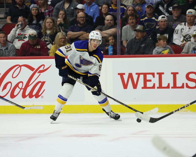 Sep 22, 2024; Des Moines, Iowa, USA; St. Louis Blues center Dylan Holloway (81) looks for an open man during their game with the Utah Hockey Club at Wells Fargo Arena. Mandatory Credit: Reese Strickland-Imagn Images

