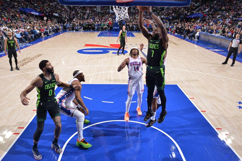 PHILADELPHIA, PA - FEBRUARY 2: Jaylen Brown #7 of the Boston Celtics dunks the ball during the game against the Philadelphia 76ers on February 2, 2025 at the Wells Fargo Center in Philadelphia, Pennsylvania NOTE TO USER: User expressly acknowledges and agrees that, by downloading and/or using this Photograph, user is consenting to the terms and conditions of the Getty Images License Agreement. Mandatory Copyright Notice: Copyright 2025 NBAE(Photo by Jesse D. Garrabrant/NBAE via Getty Images)