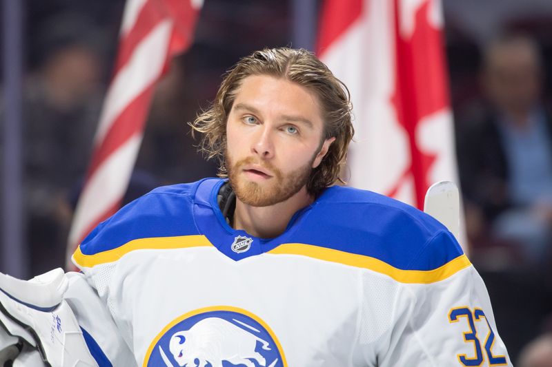 Sep 26, 2024; Ottawa, Ontario, CAN; Buffalo Sabres goalie Felix Sandstrom (32) warms up prior to the start of the first period against the Ottawa Senators at the Canadian Tire Centre. Mandatory Credit: Marc DesRosiers-Imagn Images