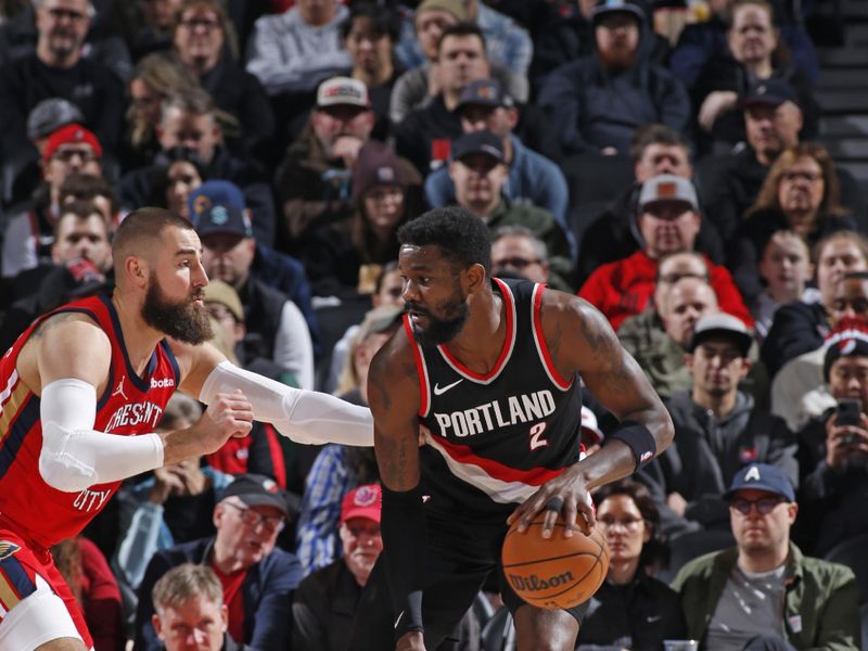 PORTLAND, OR - FEBRUARY 10: Deandre Ayton #2 of the Portland Trail Blazers dribbles the ball during the game against the New Orleans Pelicans on February 10, 2024 at the Moda Center Arena in Portland, Oregon. NOTE TO USER: User expressly acknowledges and agrees that, by downloading and or using this photograph, user is consenting to the terms and conditions of the Getty Images License Agreement. Mandatory Copyright Notice: Copyright 2024 NBAE (Photo by Cameron Browne/NBAE via Getty Images)