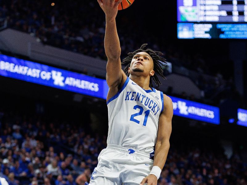 Nov 24, 2023; Lexington, Kentucky, USA; Kentucky Wildcats guard D.J. Wagner (21) goes to the basket during the second half against the Marshall Thundering Herd at Rupp Arena at Central Bank Center. Mandatory Credit: Jordan Prather-USA TODAY Sports