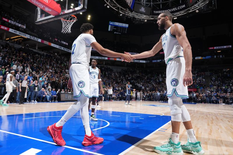 MINNEAPOLIS, MN -  JANUARY 18: The Minnesota Timberwolves celebrate the win against the Memphis Grizzlies on January 18, 2024 at Target Center in Minneapolis, Minnesota. NOTE TO USER: User expressly acknowledges and agrees that, by downloading and or using this Photograph, user is consenting to the terms and conditions of the Getty Images License Agreement. Mandatory Copyright Notice: Copyright 2024 NBAE (Photo by Jordan Johnson/NBAE via Getty Images)