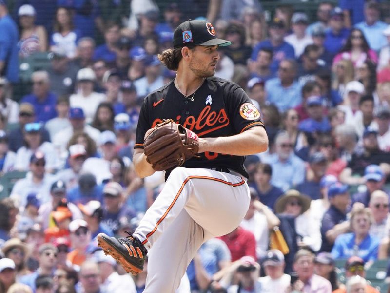 Jun 18, 2023; Chicago, Illinois, USA; Baltimore Orioles starting pitcher Dean Kremer (64) throws the ball against the Chicago Cubs during the first inning at Wrigley Field. Mandatory Credit: David Banks-USA TODAY Sports