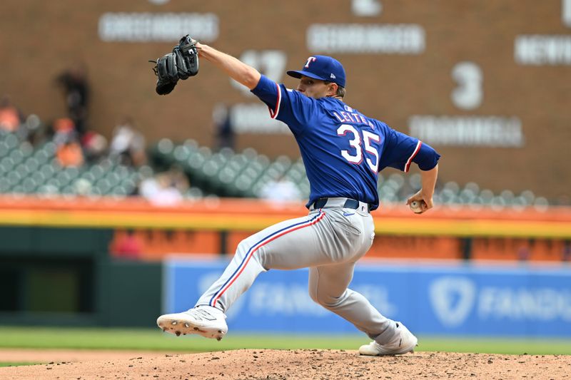 Apr 18, 2024; Detroit, Michigan, USA;  Texas Rangers starting pitcher Jack Leiter (35) throws a pitch against the Detroit Tigers in the third inning at Comerica Park. Mandatory Credit: Lon Horwedel-USA TODAY Sports
