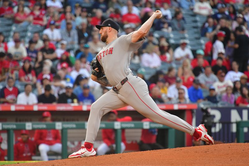 Jun 24, 2025; Anaheim, California, USA;  Boston Red Sox pitcher Garrett Crochet (35) throws against the Los Angeles Angels during the first inning at Angel Stadium. Mandatory Credit: Gary A. Vasquez-Imagn Images