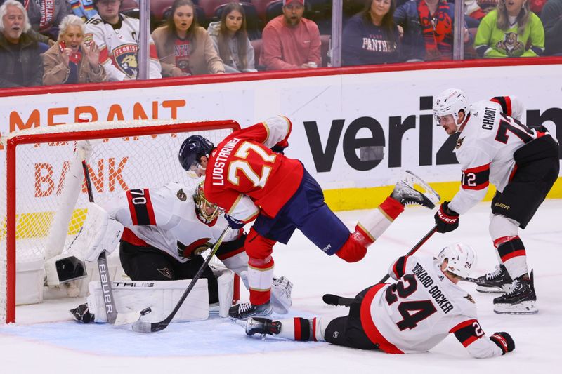 Apr 9, 2024; Sunrise, Florida, USA; Ottawa Senators goaltender Joonas Korpisalo (70) makes a save after a shot by Florida Panthers center Eetu Luostarinen (27) during the third period at Amerant Bank Arena. Mandatory Credit: Sam Navarro-USA TODAY Sports