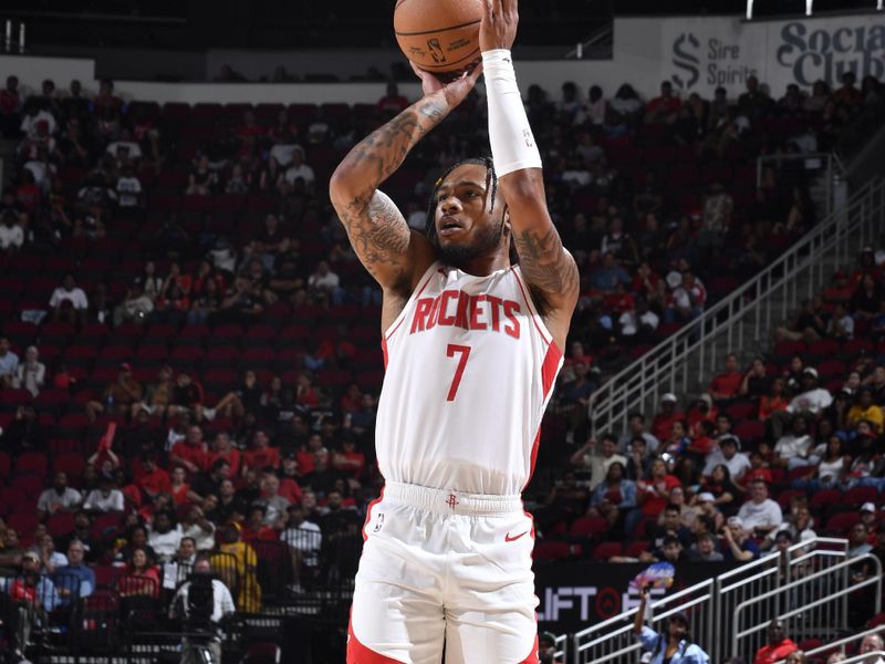 HOUSTON, TX - OCTOBER 15: Cam Whitmore #7 of the Houston Rockets shoots a three point basket during the game against the New Orleans Pelicans during a NBA preseason game on October 15, 2024 at the Toyota Center in Houston, Texas. NOTE TO USER: User expressly acknowledges and agrees that, by downloading and or using this photograph, User is consenting to the terms and conditions of the Getty Images License Agreement. Mandatory Copyright Notice: Copyright 2024 NBAE (Photo by Logan Riely/NBAE via Getty Images)