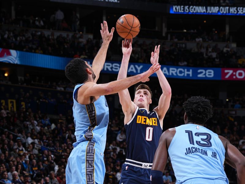 DENVER, CO - MARCH 25: Christian Braun #0 of the Denver Nuggets shoots the ball during the game against the Memphis Grizzlies on March 25, 2024 at the Ball Arena in Denver, Colorado. NOTE TO USER: User expressly acknowledges and agrees that, by downloading and/or using this Photograph, user is consenting to the terms and conditions of the Getty Images License Agreement. Mandatory Copyright Notice: Copyright 2024 NBAE (Photo by Garrett Ellwood/NBAE via Getty Images)