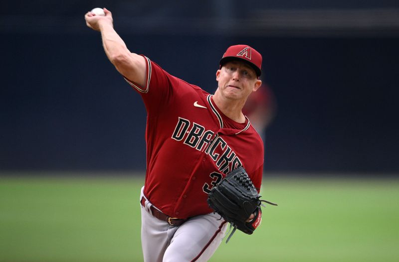 Aug 19, 2023; San Diego, California, USA; Arizona Diamondbacks starting pitcher Scott McGough (30) throws a pitch against the San Diego Padres during the first inning at Petco Park. Mandatory Credit: Orlando Ramirez-USA TODAY Sports