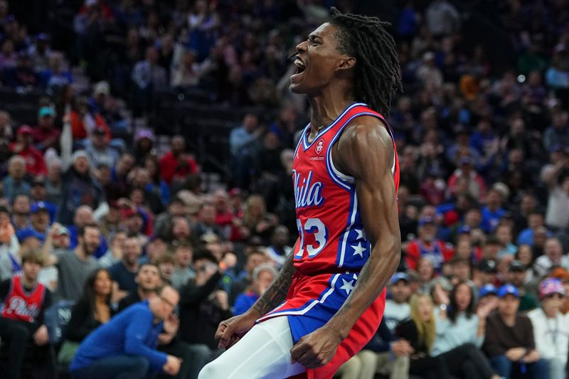 PHILADELPHIA, PENNSYLVANIA - FEBRUARY 09: Terquavion Smith #23 of the Philadelphia 76ers reacts against the Atlanta Hawks in the first half at the Wells Fargo Center on February 9, 2024 in Philadelphia, Pennsylvania. NOTE TO USER: User expressly acknowledges and agrees that, by downloading and or using this photograph, User is consenting to the terms and conditions of the Getty Images License Agreement. (Photo by Mitchell Leff/Getty Images)