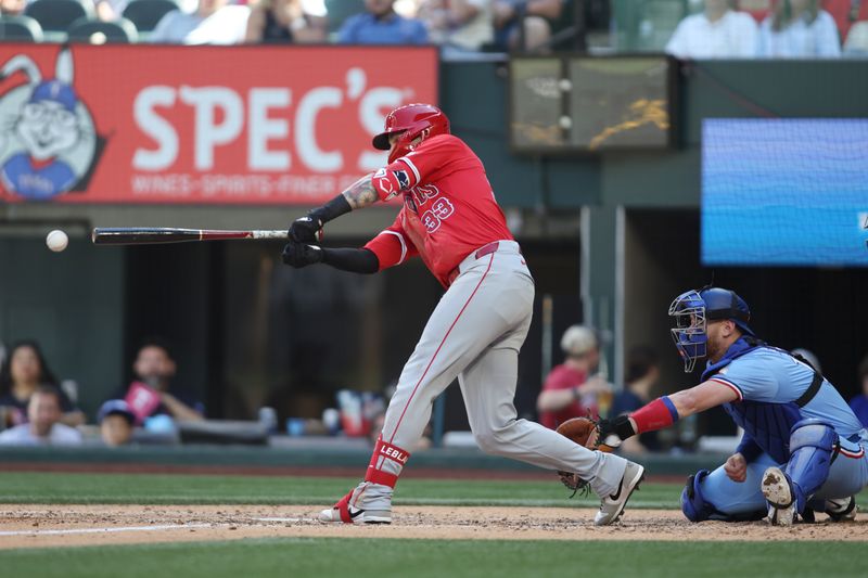 Sep 8, 2024; Arlington, Texas, USA; Los Angeles Angels first base Charles Leblanc (33) bats in the sixth inning against the Texas Rangers at Globe Life Field. Mandatory Credit: Tim Heitman-Imagn Images