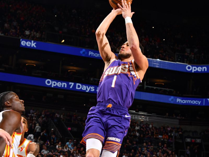 PHOENIX, AZ - MARCH 21:  Devin Booker #1 of the Phoenix Suns shoots the ball during the game  on March 21, 2024 at Footprint Center in Phoenix, Arizona. NOTE TO USER: User expressly acknowledges and agrees that, by downloading and or using this photograph, user is consenting to the terms and conditions of the Getty Images License Agreement. Mandatory Copyright Notice: Copyright 2024 NBAE (Photo by Barry Gossage/NBAE via Getty Images)