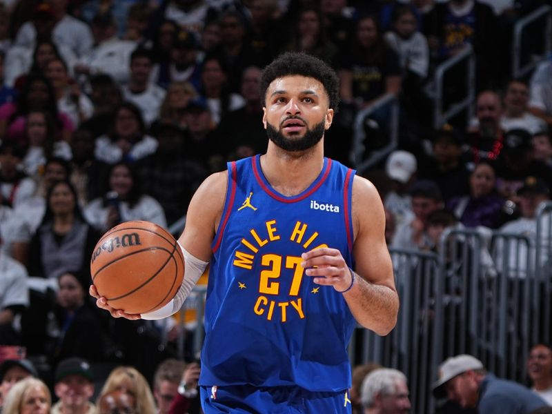 DENVER, CO - APRIL 20: Jamal Murray #27 of the Denver Nuggets dribbles the ball during the game against the Los Angeles Lakers during Round 1 Game 1 of the 2024 NBA Playoffs on April 20, 2024 at the Ball Arena in Denver, Colorado. NOTE TO USER: User expressly acknowledges and agrees that, by downloading and/or using this Photograph, user is consenting to the terms and conditions of the Getty Images License Agreement. Mandatory Copyright Notice: Copyright 2024 NBAE (Photo by Garrett Ellwood/NBAE via Getty Images)