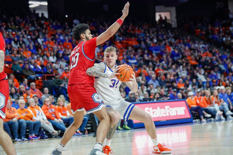 Feb 1, 2024; Boise, Idaho, USA; Boise State Broncos forward Cam Martin (31) works against Fresno State Bulldogs forward Chase Courtney (40) during the second half s at ExtraMile Arena. Boise State defeats Fresno State 90-66. Mandatory Credit: Brian Losness-USA TODAY Sports
