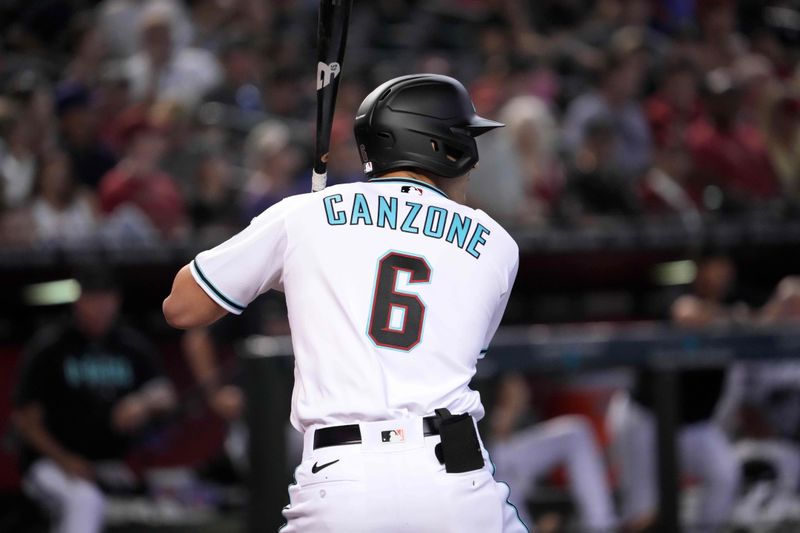 Jul 8, 2023; Phoenix, Arizona, USA; Arizona Diamondbacks designated hitter Dominic Canzone (6) bats against the Pittsburgh Pirates during the first inning at Chase Field. The at bat was the first of the career of Canzone. Mandatory Credit: Joe Camporeale-USA TODAY Sports