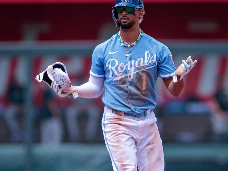 Jun 4, 2023; Kansas City, Missouri, USA; Kansas City Royals right fielder MJ Melendez (1) on second base during the fifth inning against the Colorado Rockies at Kauffman Stadium. Mandatory Credit: William Purnell-USA TODAY Sports