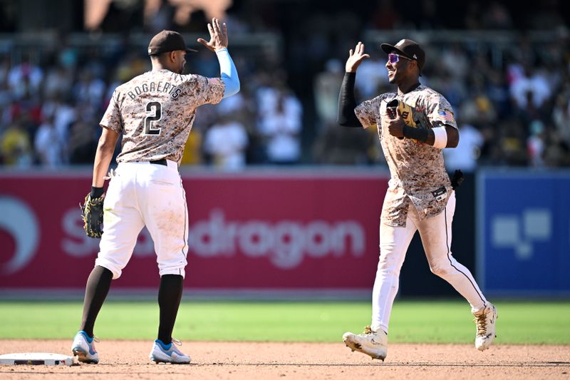 Sep 22, 2024; San Diego, California, USA; San Diego Padres shortstop Xander Bogaerts (2) and left fielder Jurickson Profar (right) celebrate on the field after defeating the Chicago White Sox at Petco Park. Mandatory Credit: Orlando Ramirez-Imagn Images