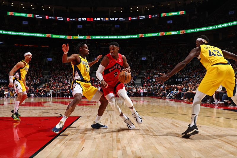 TORONTO, CANADA - FEBRUARY 14: RJ Barrett #9 of the Toronto Raptors dribbles the ball during the game against the Indiana Pacers on February 14, 2024 at the Scotiabank Arena in Toronto, Ontario, Canada.  NOTE TO USER: User expressly acknowledges and agrees that, by downloading and or using this Photograph, user is consenting to the terms and conditions of the Getty Images License Agreement.  Mandatory Copyright Notice: Copyright 2024 NBAE (Photo by Vaughn Ridley/NBAE via Getty Images)