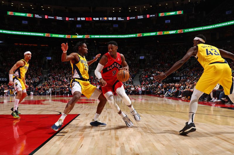 TORONTO, CANADA - FEBRUARY 14: RJ Barrett #9 of the Toronto Raptors dribbles the ball during the game against the Indiana Pacers on February 14, 2024 at the Scotiabank Arena in Toronto, Ontario, Canada.  NOTE TO USER: User expressly acknowledges and agrees that, by downloading and or using this Photograph, user is consenting to the terms and conditions of the Getty Images License Agreement.  Mandatory Copyright Notice: Copyright 2024 NBAE (Photo by Vaughn Ridley/NBAE via Getty Images)