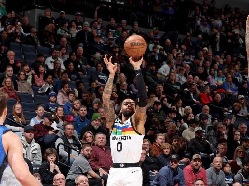 MINNEAPOLIS, MN -  FEBRUARY 3: D'Angelo Russell #0 of the Minnesota Timberwolves handles the ball during the game against the Orlando Magic on February 3, 2023 at Target Center in Minneapolis, Minnesota. NOTE TO USER: User expressly acknowledges and agrees that, by downloading and or using this Photograph, user is consenting to the terms and conditions of the Getty Images License Agreement. Mandatory Copyright Notice: Copyright 2023 NBAE (Photo by David Sherman/NBAE via Getty Images)