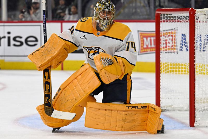 Oct 30, 2025; Philadelphia, Pennsylvania, USA; Nashville Predators goaltender Juuse Saros (74) against the Philadelphia Flyers during the first period at Xfinity Mobile Arena. Mandatory Credit: Eric Hartline-Imagn Images
