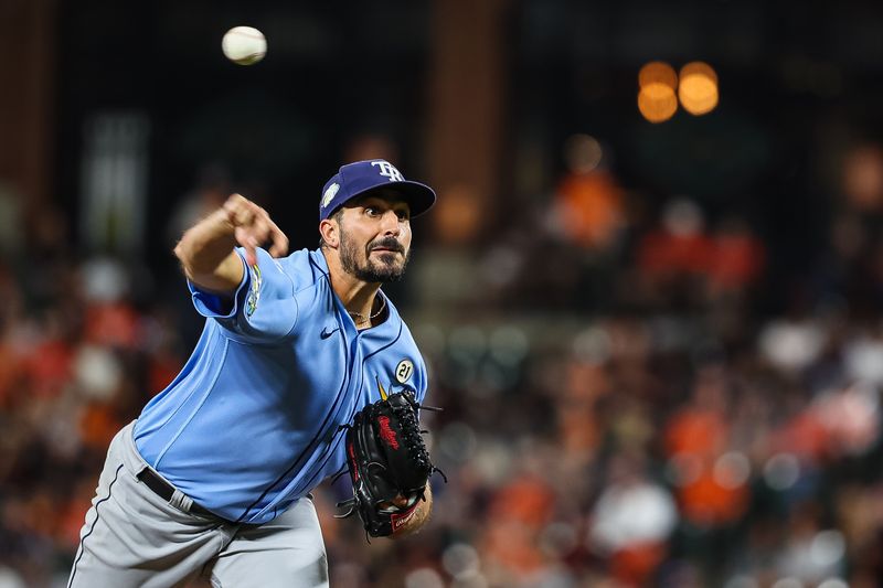 Sep 15, 2023; Baltimore, Maryland, USA; Tampa Bay Rays starting pitcher Zach Eflin (24) pitches against the Baltimore Orioles during the seventh inning at Oriole Park at Camden Yards. Mandatory Credit: Scott Taetsch-USA TODAY Sports