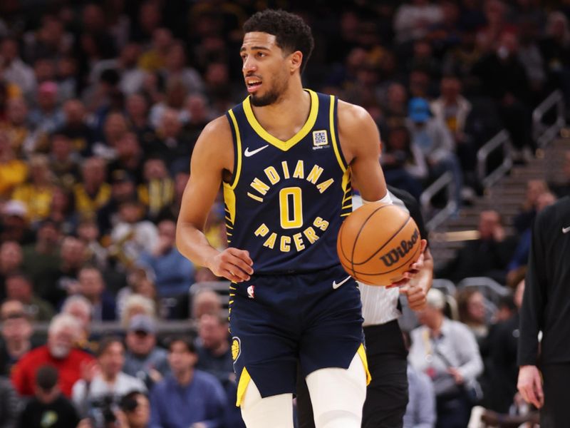 INDIANAPOLIS, IN - FEBRUARY 24: Tyrese Haliburton #0 of the Indiana Pacers looks to pass the ball during the game against the Denver Nuggets on February 24, 2025 at Gainbridge Fieldhouse in Indianapolis, Indiana. NOTE TO USER: User expressly acknowledges and agrees that, by downloading and or using this Photograph, user is consenting to the terms and conditions of the Getty Images License Agreement. Mandatory Copyright Notice: Copyright 2025 NBAE (Photo by Pepper Robinson/NBAE via Getty Images)