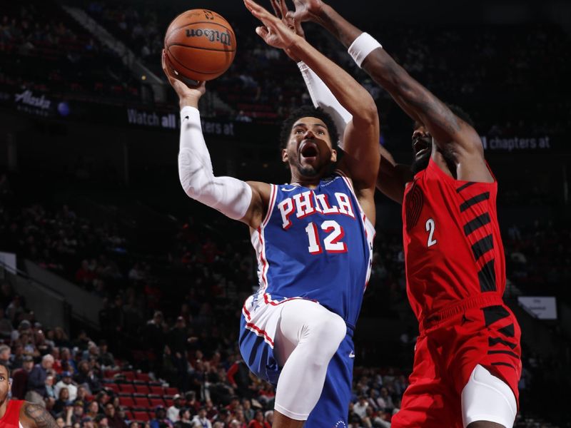 PORTLAND, OR - JANUARY 29: Tobias Harris #12 of the Philadelphia 76ers drives to the basket during the game against the Portland Trail Blazers on January 29, 2024 at the Moda Center Arena in Portland, Oregon. NOTE TO USER: User expressly acknowledges and agrees that, by downloading and or using this photograph, user is consenting to the terms and conditions of the Getty Images License Agreement. Mandatory Copyright Notice: Copyright 2024 NBAE (Photo by Cameron Browne/NBAE via Getty Images)