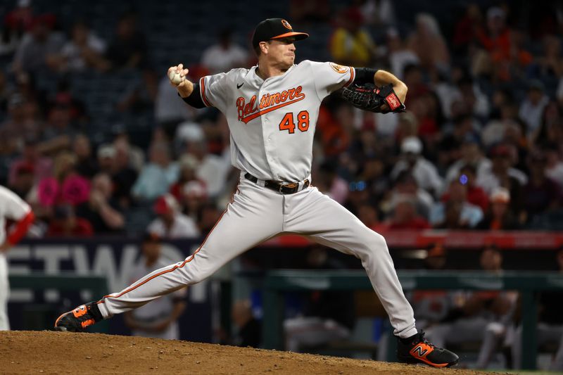 Sep 6, 2023; Anaheim, California, USA;  Baltimore Orioles starting pitcher Kyle Gibson (48) pitches during the third inning against the Los Angeles Angels at Angel Stadium. Mandatory Credit: Kiyoshi Mio-USA TODAY Sports