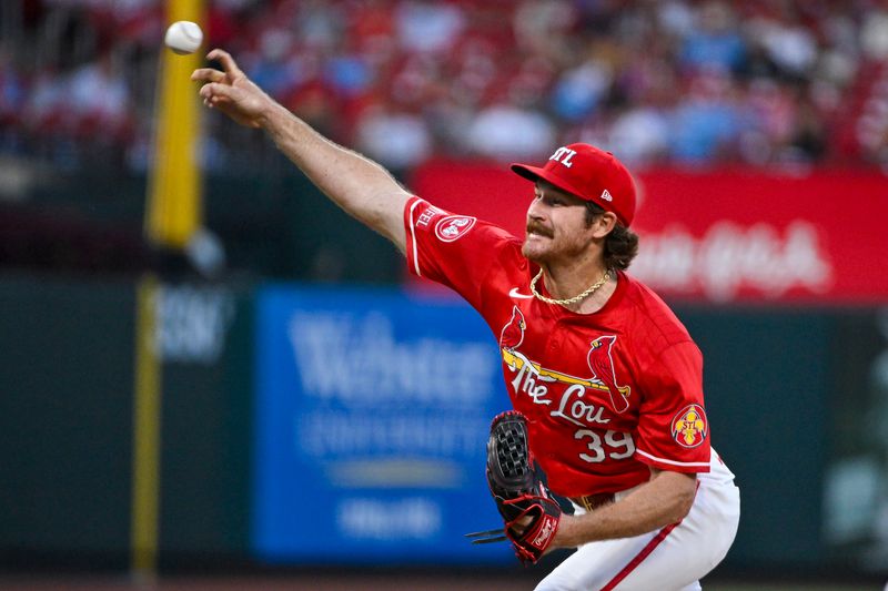 Aug 16, 2024; St. Louis, Missouri, USA;  St. Louis Cardinals starting pitcher Miles Mikolas (39) pitches against the Los Angeles Dodgers during the second inning at Busch Stadium. Mandatory Credit: Jeff Curry-USA TODAY Sports