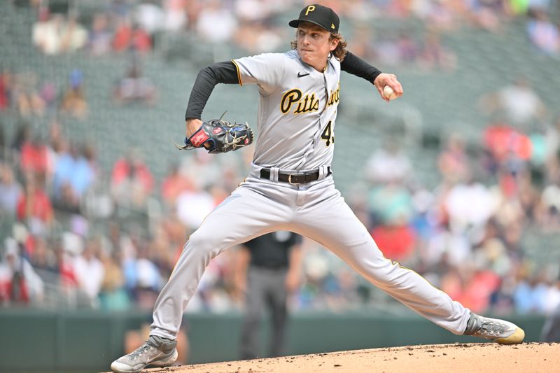 Aug 20, 2023; Minneapolis, Minnesota, USA; Pittsburgh Pirates relief pitcher Ryan Borucki (43) throws a pitch against the Minnesota Twins during the first inning at Target Field. Mandatory Credit: Jeffrey Becker-USA TODAY Sports