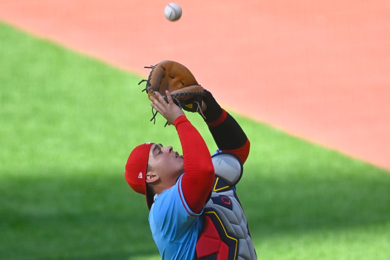 Jun 28, 2025; Cleveland, Ohio, USA; St. Louis Cardinals catcher Yohel Pozo (63) catches a foul ball in the sixth inning against the Cleveland Guardians at Progressive Field. Mandatory Credit: David Richard-Imagn Images